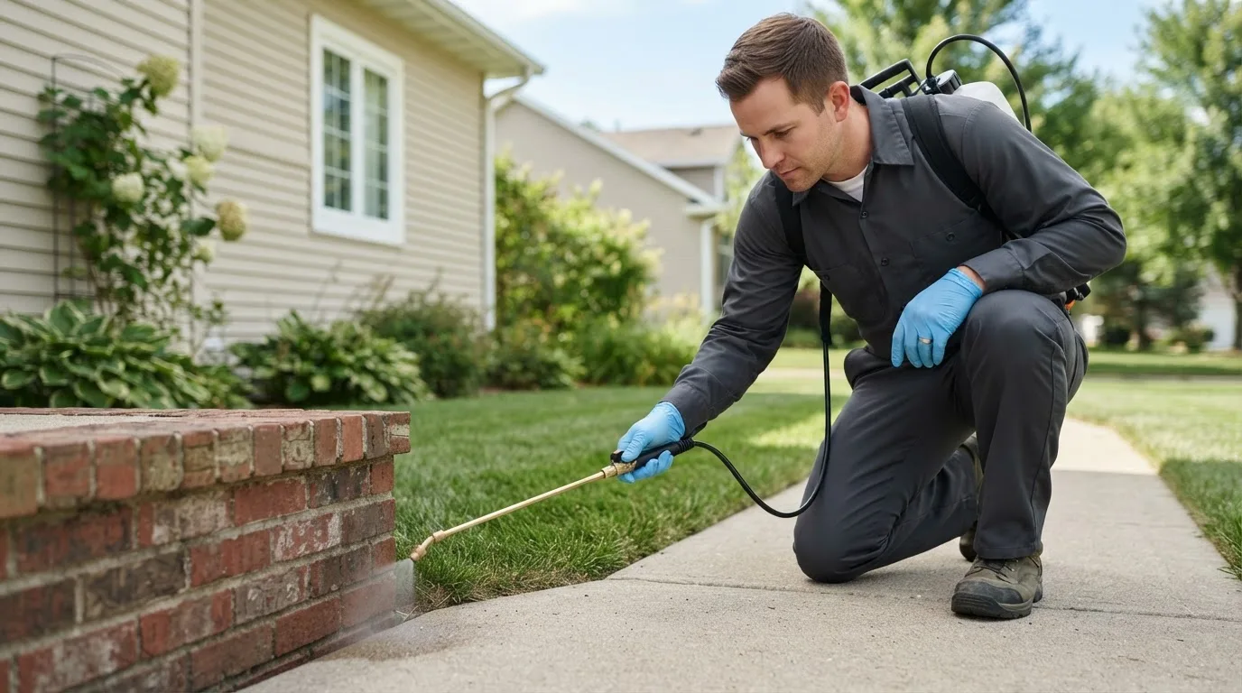 Pest control technician treating a home near Brockton, MA